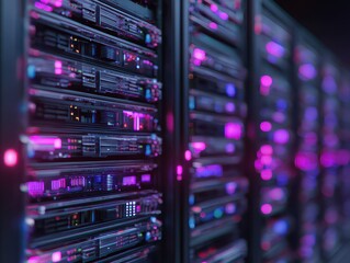 Naklejka premium Stack of Servers Glowing with Purple and Pink Lights