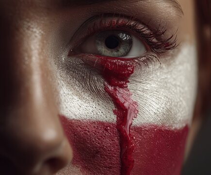 Close-up human face, portrait with painted national Poland flag, with tears flowing from eyes. Powerful image captures pain, resilience, emotional intensity. Tragedy, accident, catastrophe concept.
