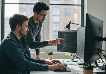 Software developers collaborating on a computer.