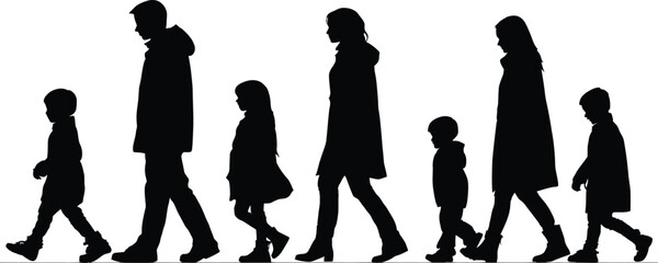 Silhouette of a Walking Family with Two Parents and Four Children