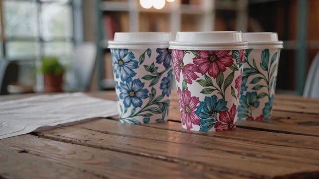 Beautiful floral coffee cups on a rustic wooden table in a cozy cafe during morning hours