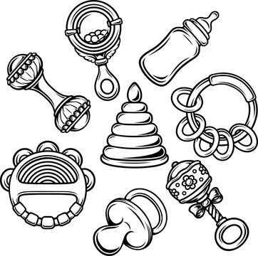 Set of newborn baby things and toys. Design and decor elements, doodles. Highly detailed and accurate lines for print or engraving	
