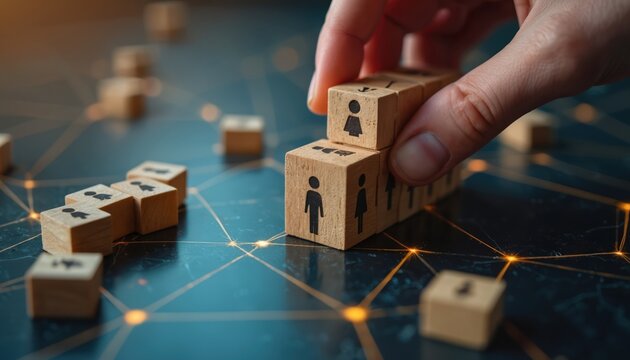 Hand places wooden cube with person icon on grid. Innovative recruitment techniques and transparent decision-making in HR. AI and technology aid in selection, strategy, and management.