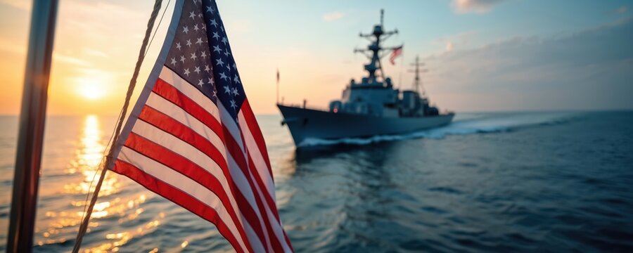 American flag waves near naval destroyer sailing ocean at sunset. Patriotism, unity, strength, honor, freedom symbol. US military warship on maritime journey. Courageous service on serene blue water.