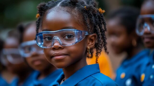 Young girl in safety goggles smiles confidently, surrounded by peers in a vibrant outdoor setting