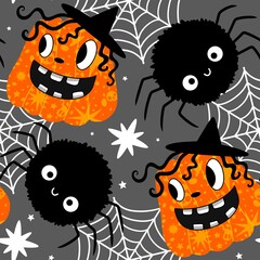 Autumn harvest vegetable seamless monster Halloween pumpkins pattern for wrapping paper and fabrics