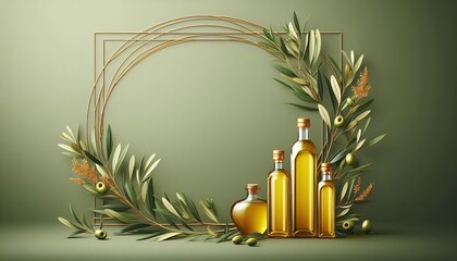 elegant still life composition featuring olive oil bottles and Mediterranean elements. the image shows several glass bottles of varying sizes filled with golden olive oil