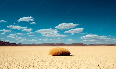 
Single Tumbleweed on a Vast Desert Plain Under a Bright Sunny Sky

