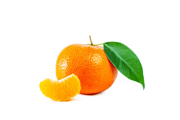 Juicy shiny tangerine with leaf and slice isolated on white background.