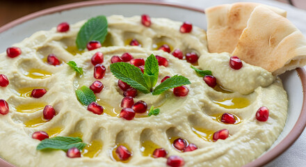 Hummus Plate with Garnishes: A close-up shot of creamy, homemade hummus, artfully garnished with pomegranate seeds, a sprig of mint, and drizzled with olive oil, paired with pita bread.