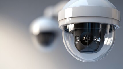Bright white dome shaped surveillance equipment observes an area with advanced digital black lens and clear transparent protective cover. Multiple units are present in soft focus background.