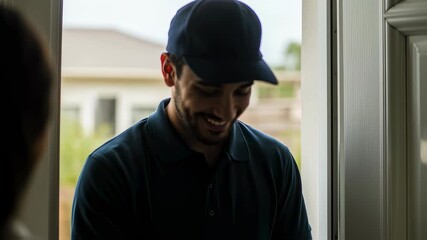 Smiling mail man delivering package to woman at front door. Express postal worker service with parcel for customer receipt footage.