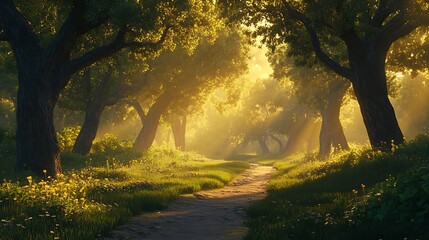 Enchanted forest trail glowing at sunset high resolution picture