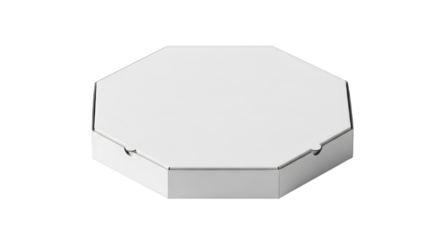 A plain white hexagonal pizza box, closed and ready to be filled with a delicious pizza, isolated on transparent background, ideal for food delivery services