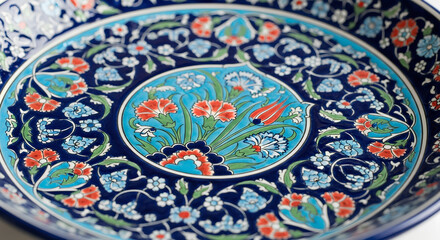 Naklejka premium Timeless Ceramic Art: A close-up perspective showcases a beautiful ceramic plate, the intricate patterns and vibrant colors illustrating its artistic beauty and exquisite craftsmanship.