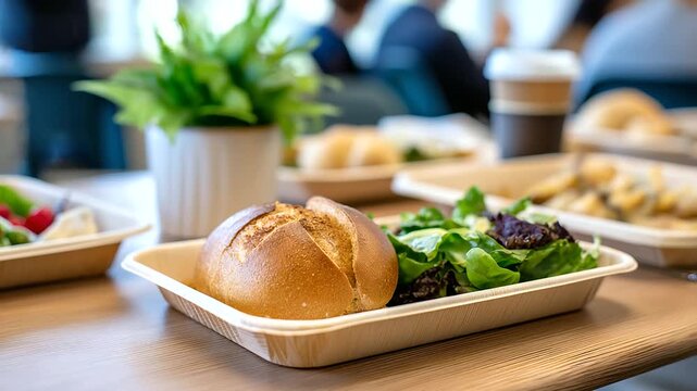 Sustainability summit zero waste lunch with locally sourced ingredients and compostable serving materials showcasing environmental responsibility in corporate hospitality settings