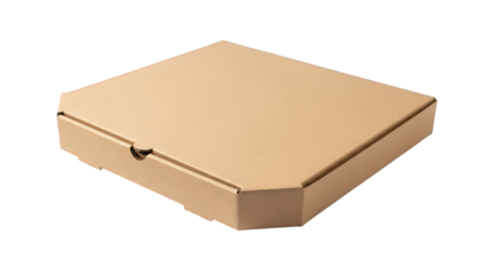 A closed, plain brown cardboard pizza box is presented at a slight angle on a transparent background, showcasing its simple and functional design for food transport