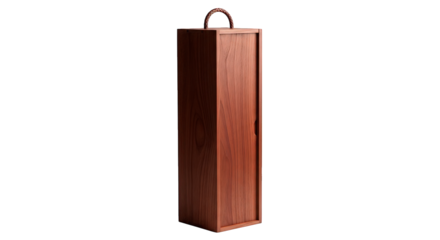 A tall, narrow, dark brown wooden box with a simple handle on top, presented in a vertical orientation and isolated on a pure transparent background, suggesting storage or gift packaging