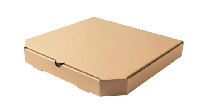 A closed, plain brown cardboard pizza box is presented at a slight angle on a transparent background, showcasing its simple and functional design for food transport