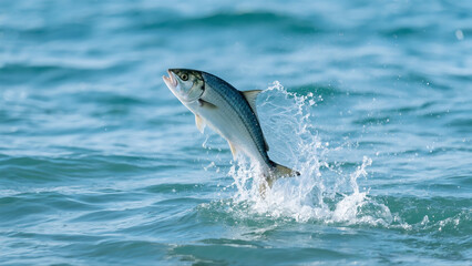 Fototapeta premium A fish leaps energetically out of the ocean, surrounded by splashing water. The sunlit sea extends to the horizon under a clear blue sky.