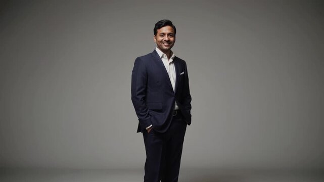 Professional individual poses confidently in dark suit against neutral background while expressing a warm smile
