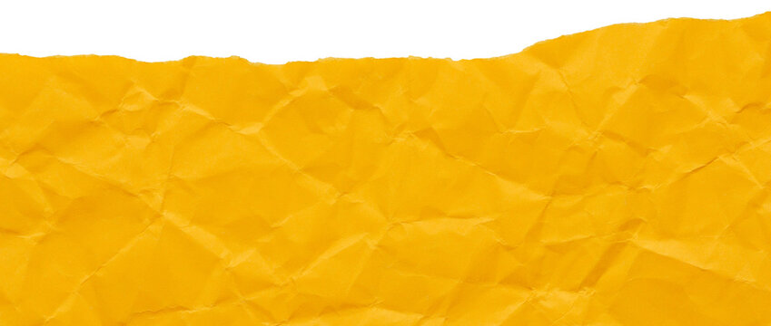 Ripped edge of honey yellow crumpled paper, isolated textured scrap for collage in bright colors