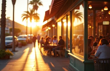 Obraz premium Los Angeles outdoor scene with people dining at tables outside cafe. Golden hour sunlight creates long shadows on sidewalk. Palm trees line street. Vibrant urban life, friends enjoying food, drinks,
