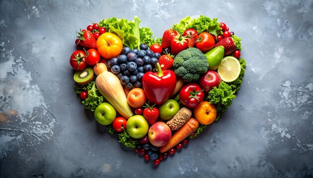 Heart-shaped display made of fresh fruits and vegetables on a textured background - Powered by Adobe