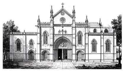 Intricate architectural drawing showcases a majestic historical building