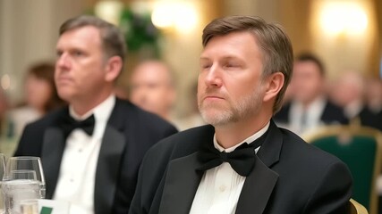 Legal symposium formal dinner with wine pairings and multi course plated service featuring attorneys and judges in black tie corporate hospitality setting blurred background wit