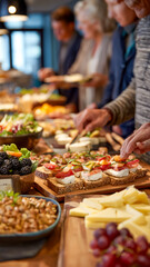 Obraz premium A vibrant buffet showcases elegant canapés, fresh fruit, cheese, and salad, inviting guests to indulge in a culinary experience.