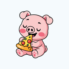 Kawaii Pig Eating Pizza – Cute Fast Food Animal Illustration