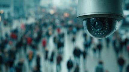 Overhead dome security camera observing a large blurred crowd of people moving in a busy public place. Advanced digital monitoring technology capturing human movement in an urban setting.