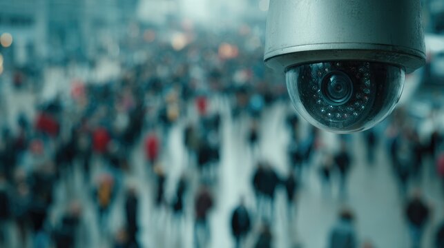 Overhead dome security camera observing a large blurred crowd of people moving in a busy public place. Advanced digital monitoring technology capturing human movement in an urban setting.