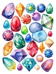 Collection of colorful watercolor gemstones and jewels isolated on white background, sparkling precious stones for luxury design and jewelry making