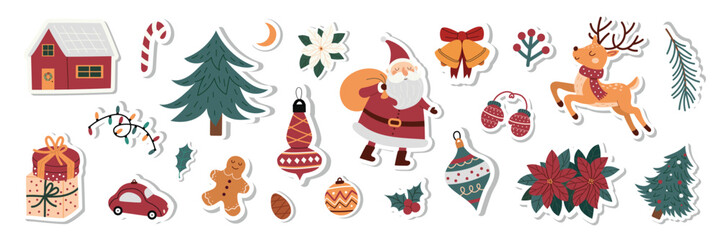 Fototapeta premium Christmas sticker set with Santa, reindeer, house, gifts, mittens, tree, poinsettia and ornaments. Cute festive New Year collection. Vector holiday illustrations isolated on white background.