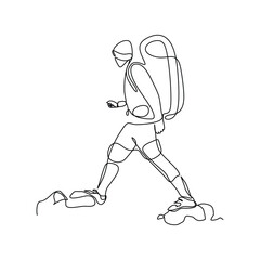 Continuous line drawing of man traveling backpack. Single one line art of woman hiking on top of mountain. Vector illustration editable stroke