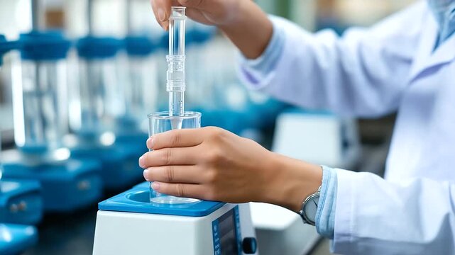 Biotechnology researchers manipulate cell cultures and protein expression systems using bioreactors and purification equipment for biopharmaceutical production and vaccine develop