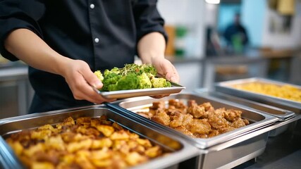 Catering chef preparing large scale event meals with industrial cooking equipment coordinating multiple dishes for banquet service while maintaining quality and presentation stand
