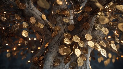 Golden Foliage Tree with Glowing Lights for a Mystical Ambience