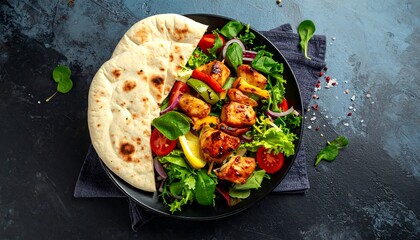 Grilled chicken skewers with salad and pita
