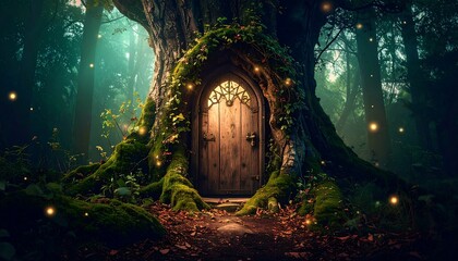 Enchanting hidden door in mystical forest