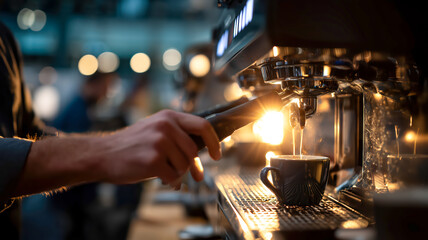 Brewing perfection: A barista's skilled hands craft a rich espresso with precision using a professional coffee machine.