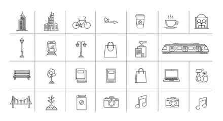 Fototapeta premium Vector Icons Set of Hand drawn sketch icon set of urban city life and travel elements. EPS Editable