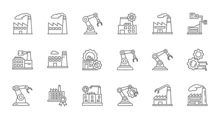 Vector Icons Set of Industrial Factory and Robotic Arm Automation Icon Set. EPS Editable