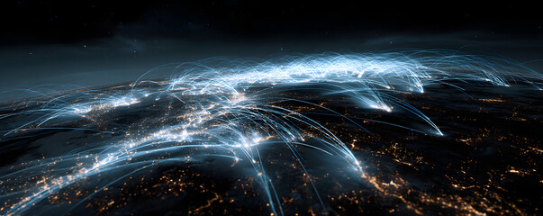 Cyber warfare attack in progress with glowing data sreams in a digital landscae at nighttime