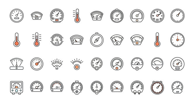 Vector Icons Set of Large Set of Gauge Meter Thermometer and Speedometer Line Icons. EPS Editable