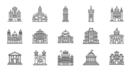 Vector Icons Set of Minimalist Line Art Icons of Famous Architectural Landmarks. EPS Editable