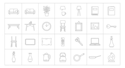 Fototapeta premium Vector Icons Set of Minimalist line art icon set of home furniture and decor objects. EPS Editable