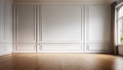 Fototapeta premium empty room interior featuring light wood flooring and a plain white wall ideal for mockups and design presentations